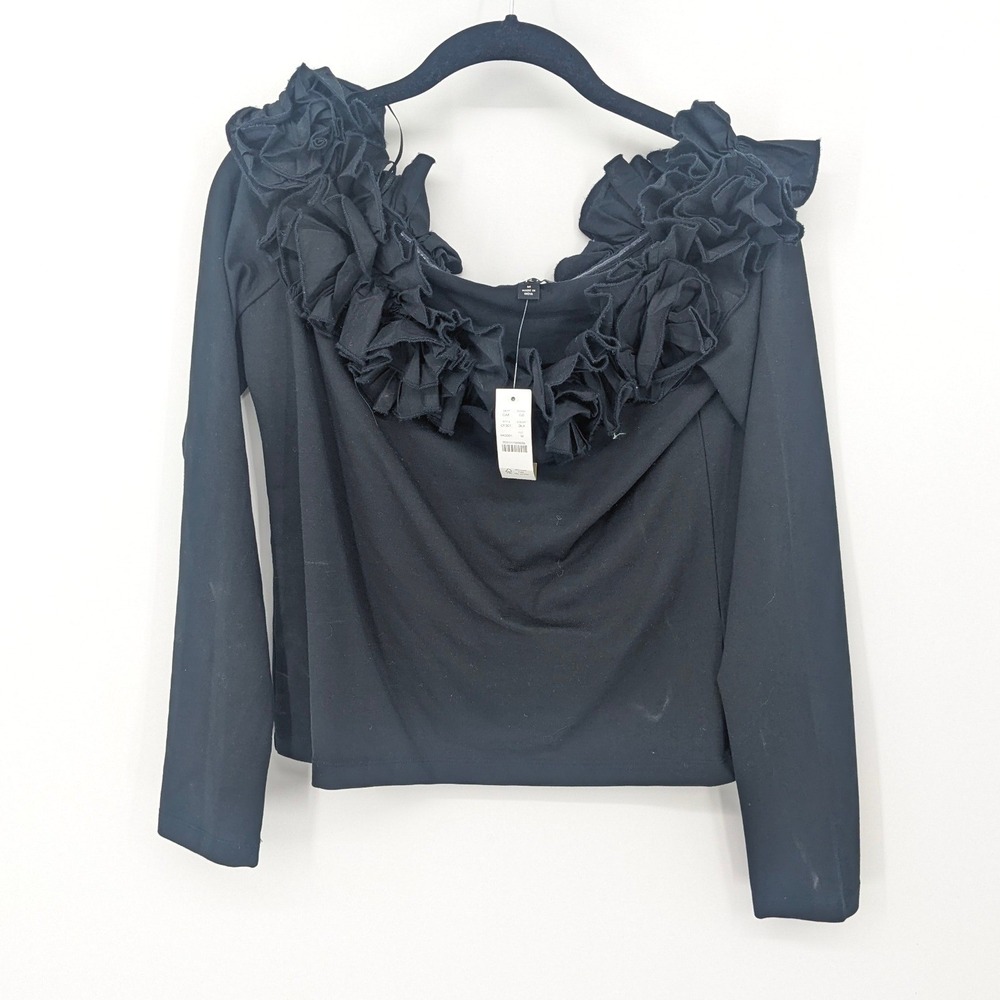 J Crew Off Shoulder Top Womens Medium Black Ruffle Long Sleeve Blouse Party NYE